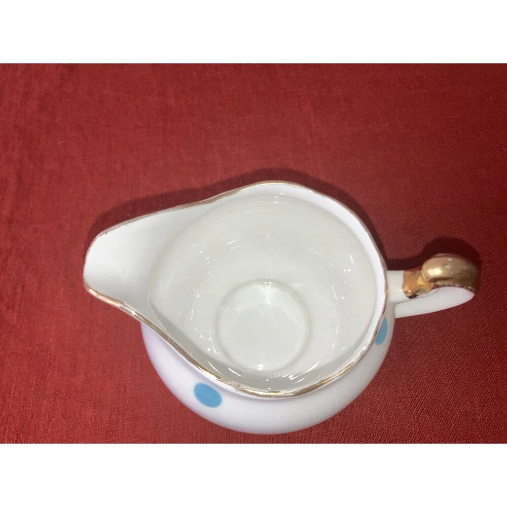 Vintage 1960s Royal Vale Bone China Blue & White Polka Dot Creamer Gold Trim